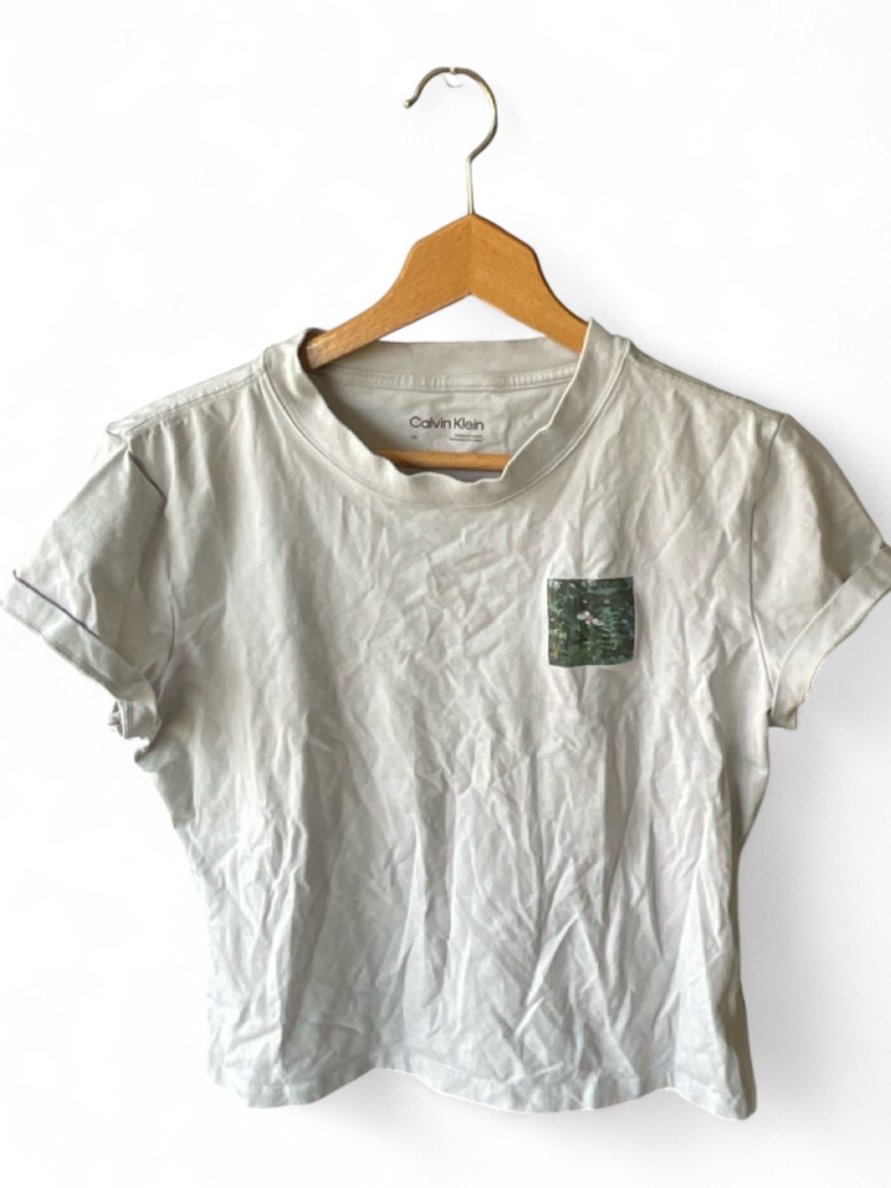 Calvin Klein CK Cream Short-Sleeve Tee Rolled Cuff Sleeve Forest Pocket Graphic